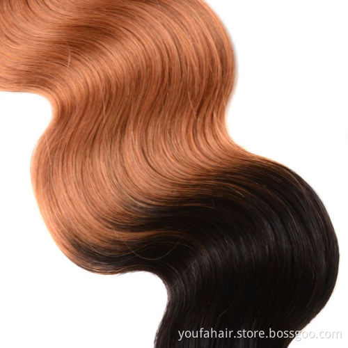 Cambodian 100% Human Hair Weave Ombre Color Brown 1B/30# Body Wave Cuticle Aligned Virgin Hair Bundles With Lace Closure Front